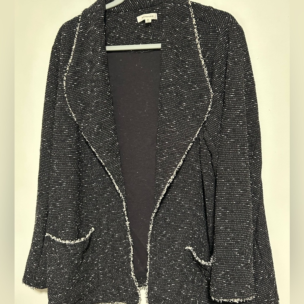 Max Studio Black Tweed Open Front Cardigan with White Trim
